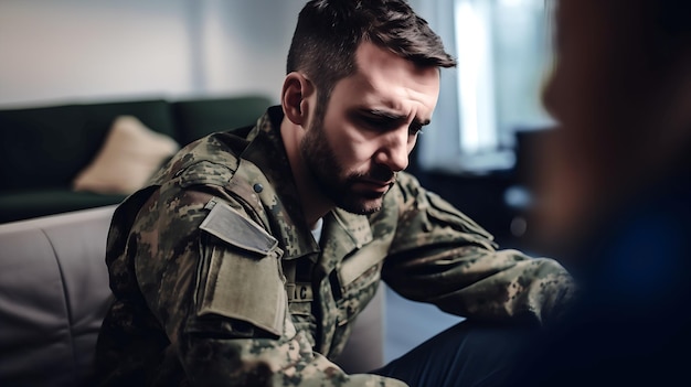 Closeup veteran male in camouflage uniform after a war experiencing the pain of PTSD Concept