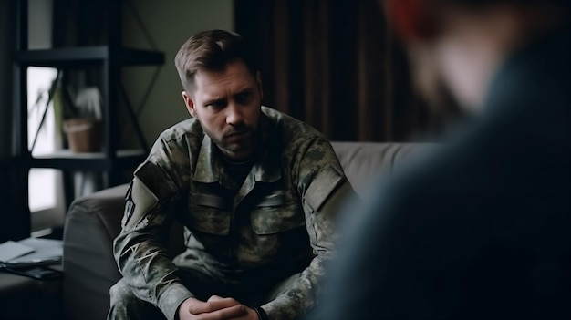 전쟁 후 위장 유니폼을 입은 참전용사 남성이 PTSD 우울증을 경험하고 있습니다.