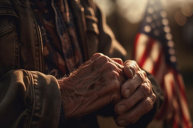 Foto primo piano della mano dell'uomo anziano veterano con la bandiera nazionale americana