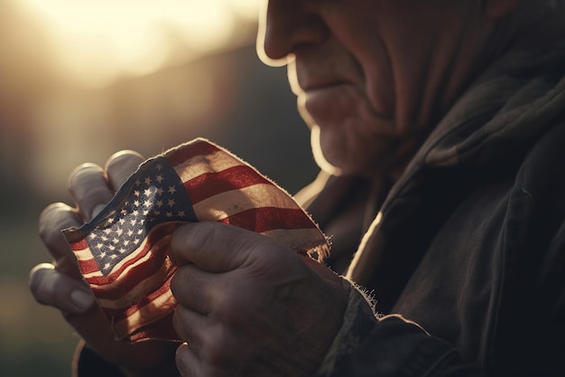 Foto primo piano della mano dell'uomo anziano veterano con la bandiera nazionale americana