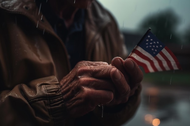 Closeup of veteran old man hand with American national flag