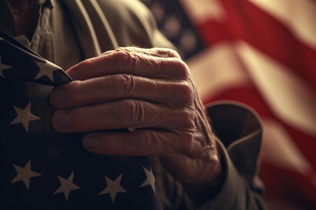 Foto close-up di una mano di un veterano che tiene un generativo pieggiato