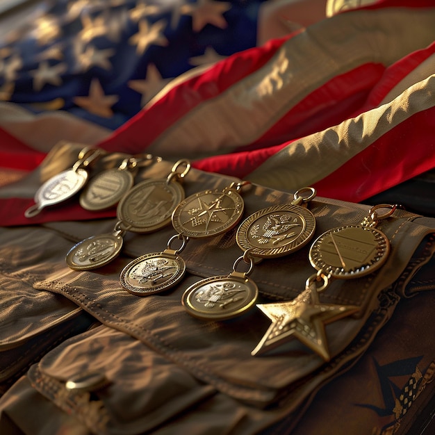 Foto close-up delle medaglie dei veterani con la bandiera americana