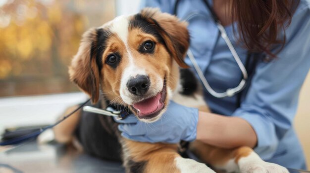 Closeup of a veterinarian examining a small mixedbreed dog