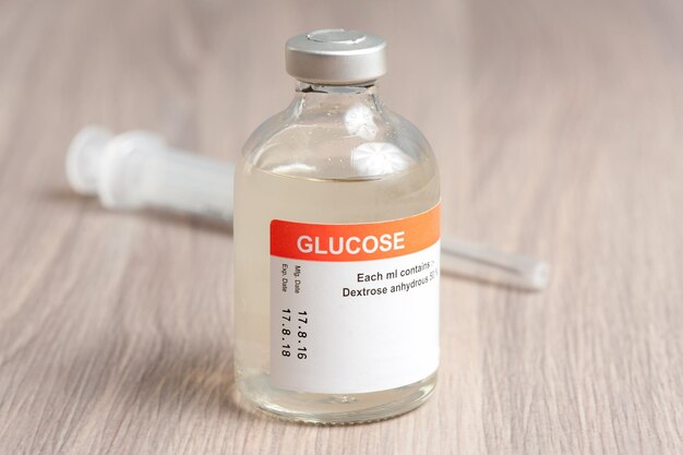 Closeup vial of Glucose for Paranteral nutrition and for hypoglycemia.