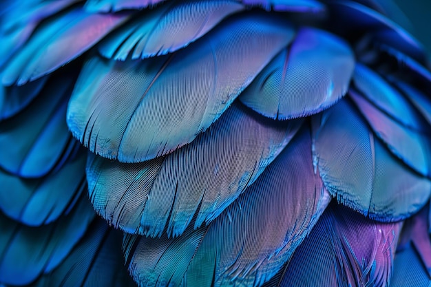 활기찬 파란색과 보라색의 새 털의 클로즈업 자연의 아름다움과 야생동물 개념