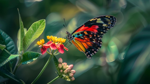 Foto un primo piano di una farfalla vibrante appollaiata delicatamente su un fiore che illustra il delicato equilibrio e l'interconnessione della vita