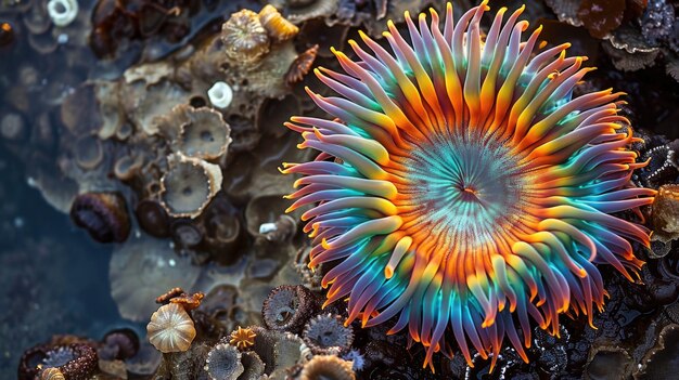 Photo closeup of a vibrant and colorful sea anemone its intricate patterns and details highlighted against