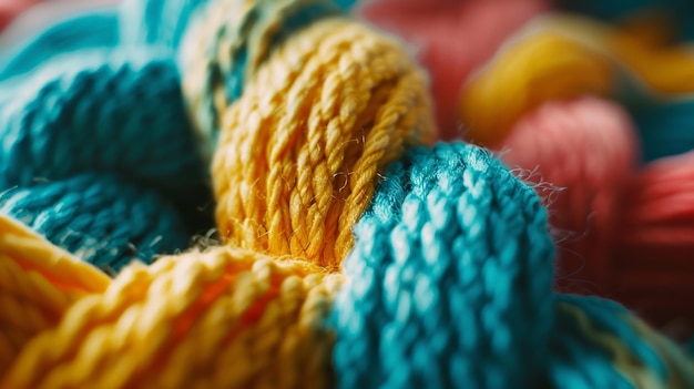 Photo closeup on vibrant colorful yarns embodying creativity in crafting