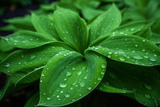 Крупный план ярких зеленых листьев с росой на лепестках, созданных с помощью генеративного ИИ
