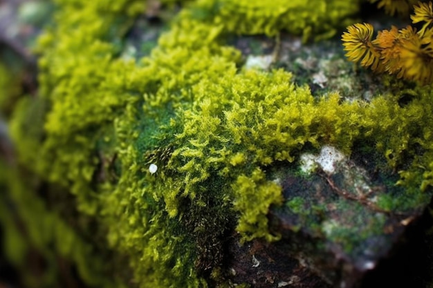 Closeup of vibrant green lichen on a granite rock