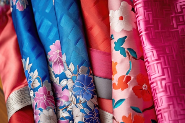 Photo closeup of vibrant hanbok fabric and patterns created with generative ai