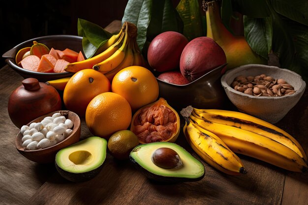 Closeup of the vibrant ingredients used in colombian cuisine including tropical fruit and spices