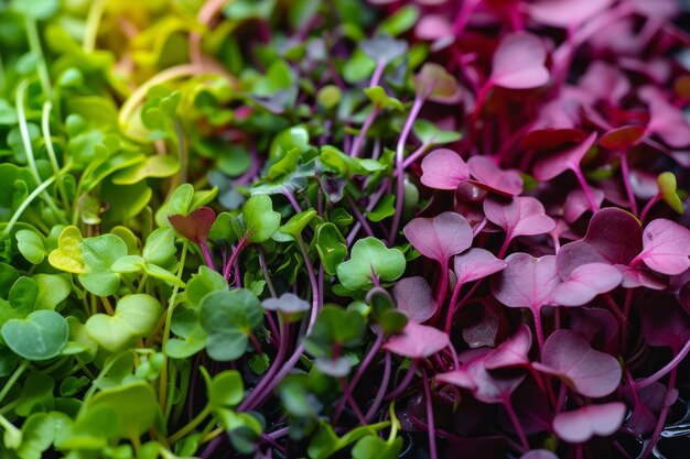 Foto close-up di microgreen vibranti che mostrano una serie di colori e texture