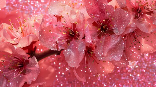 春 の 季節 の ため の 露 の 滴 の 花 の 背景 に 輝く ピンク の 桜 の 花 の クローズアップ