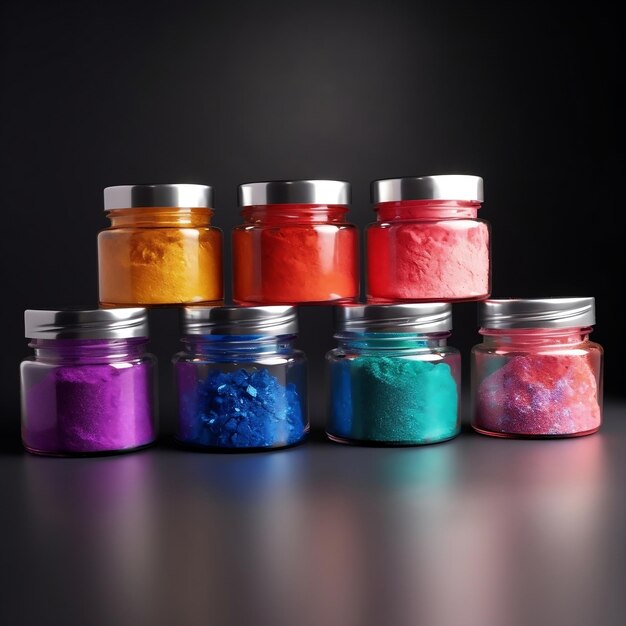 Photo closeup of vibrant powderfilled jars for dipping ai