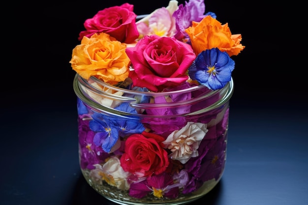 Closeup of vibrant preserved flowers in a jar filled with silica gel