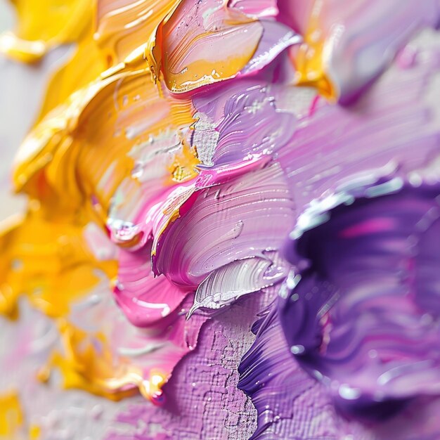 キャンバスに描かれた鮮やかな紫と黄色の花のクローズアップ