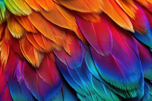 Closeup of vibrant rainbowcolored feathers created with generative ai