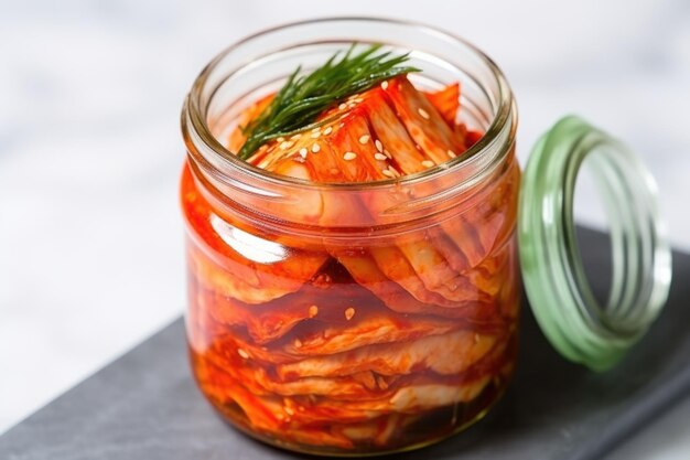 Closeup of vibrant red kimchi in a clear jar