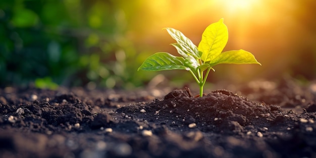 Closeup Of A Vibrant Tree Sprout Emerging From Dark Soil Bathed In Sunlight Copy Space