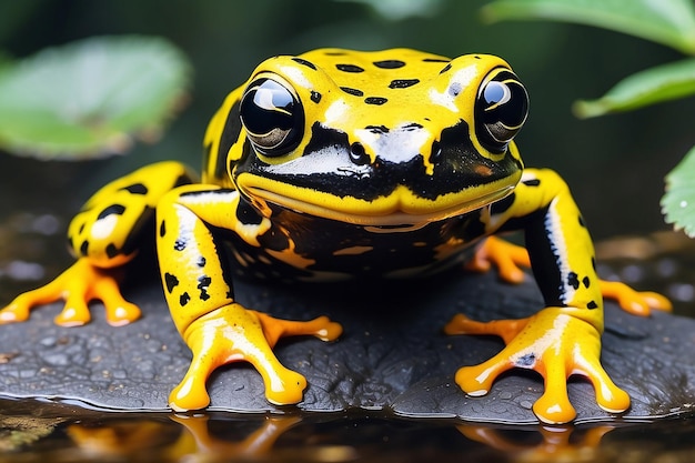 야생동물 다큐멘터리 촬영에서 활기찬 노란색과 검은색 개구리의 클로즈업 생성 AI