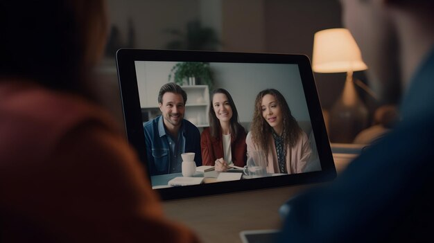 A closeup of a video conference call on a tablet