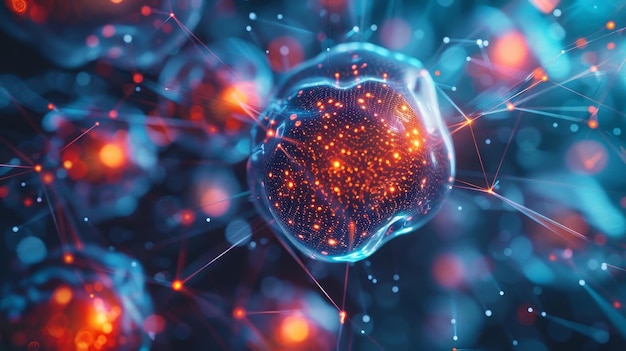closeup view of a 3d rendered biotech cell highlighted by a network of connecting lines showcasing t