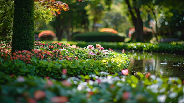 Foto vista ravvicinata di un meraviglioso giardino con un piccolo lago pieno di bellissimi fiori in stile rustico