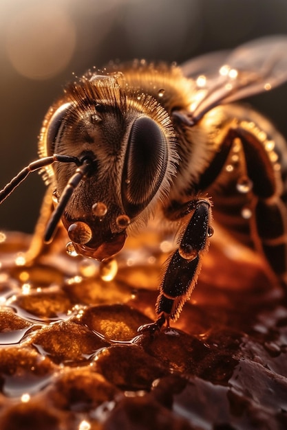 CloseUp View Amidst GoldenLit Droplets generate by AI