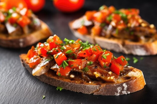 Closeup view of anchovy bruschetta on stone countertop