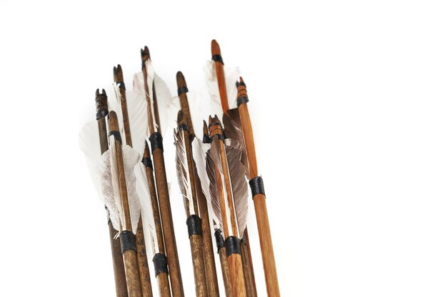 Closeup view of ancient wooden arrows with grey feathers isolated