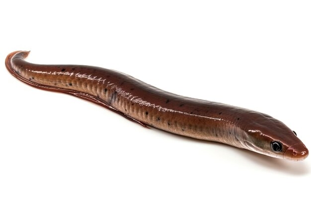 A closeup view of the Anguilla bicolor or shortfin eel on a white backdrop