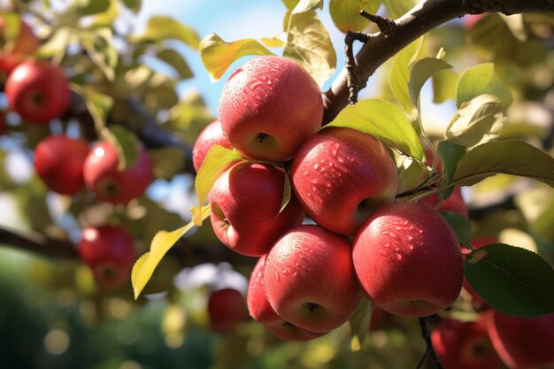 Foto vista ravvicinata di mele che pendono graziosamente su un ramo