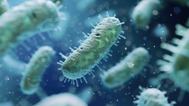 Photo closeup view of bacteria floating in a blue microscopic environmen