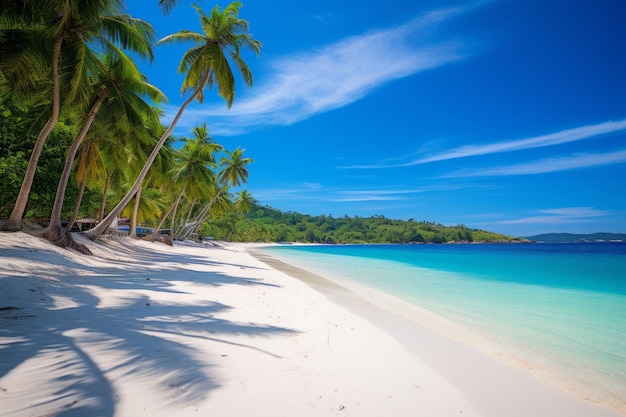 Closeup view of beach with white sand on the island lush palm trees tropical paradis