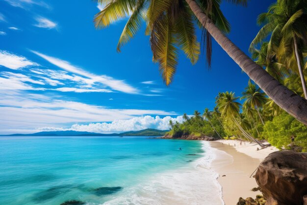 Photo closeup view of beach with white sand on the island lush palm trees tropical paradis