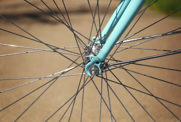 Closeup view of bicycle wheel spokes