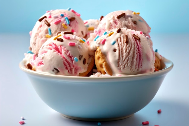 A closeup view of birthday cake ice cream served in a bowl