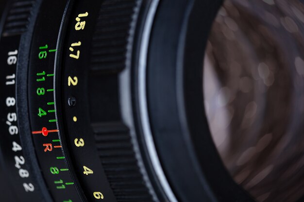 Closeup view of black retro photo lens