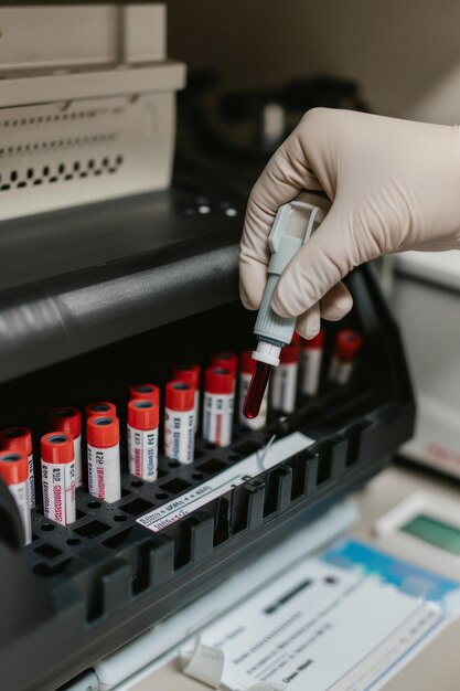 Photo closeup view of blood sample in specialized analyzer for mental health indicator detection