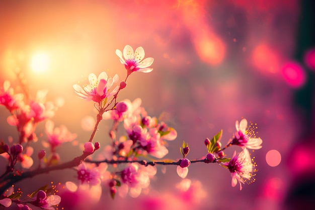 Closeup view of blooming cherry or sakura with selective focus bokeh and artistic light neural network generated art