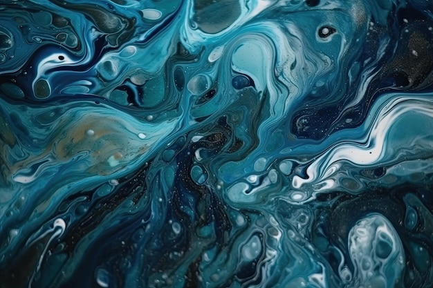 流体テクスチャを使用した青と黒の抽象絵画のクローズ アップ ビュー ジェネレーティブ AI