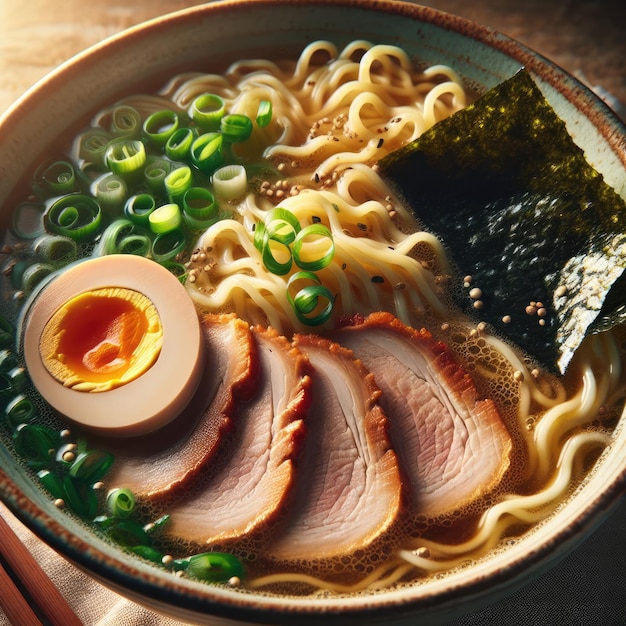 Foto una vista ravvicinata di una ciotola di ramen con fette di maiale, uova bollite, cipolla verde e alghe