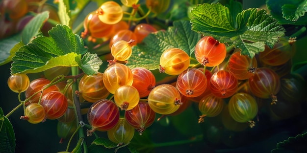 A closeup view of a bunch of fresh gooseberry hanging from a tree bathed in sunlight The vibrant red colors stand out against the green leaves in the background