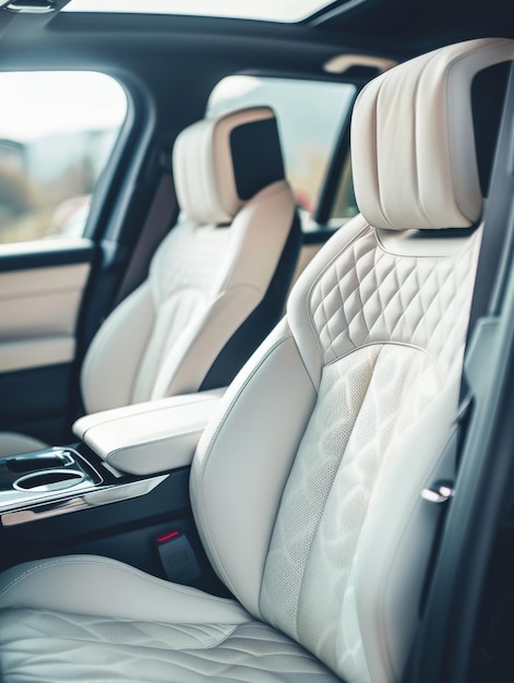 Photo a closeup view of a cars highend cream leather interior showcasing the elegant quilted design of the seats the intricate stitching and plush finish evoke a sense of luxury and comfort