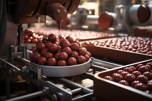 A closeup view of chocolate candies being molded on a production line in a confectionery factory with a warm lighting atmosphere AI Generative