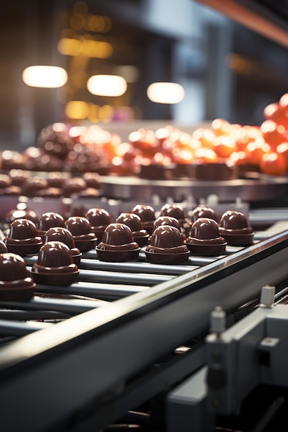 A closeup view of chocolate candies being molded on a production line in a confectionery factory with a warm lighting atmosphere AI Generative