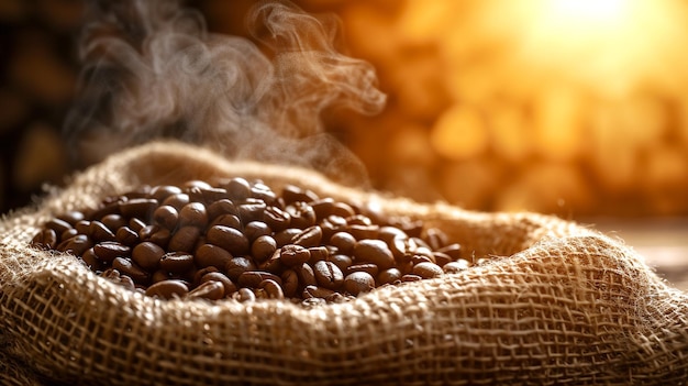 CloseUp View of Coffee Beans with Steam in Burlap