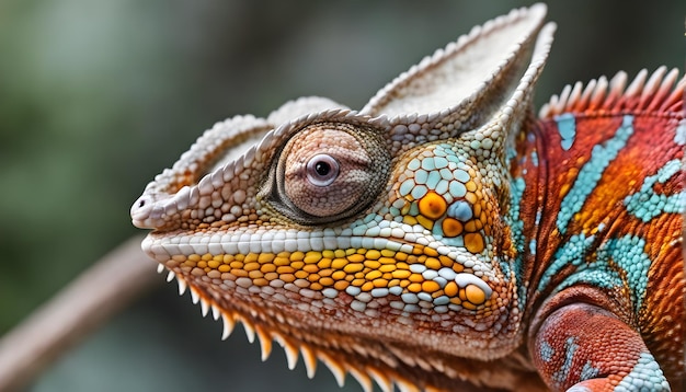 Closeup view of the colorful eye of a chameleon lizard